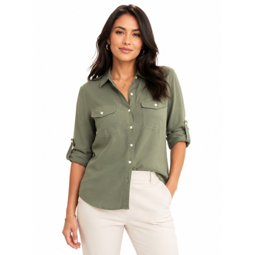 LOFT Ann Taylor Olive Green Rayon Utility Button Down Blouse XS Fairy‎ 48-0033